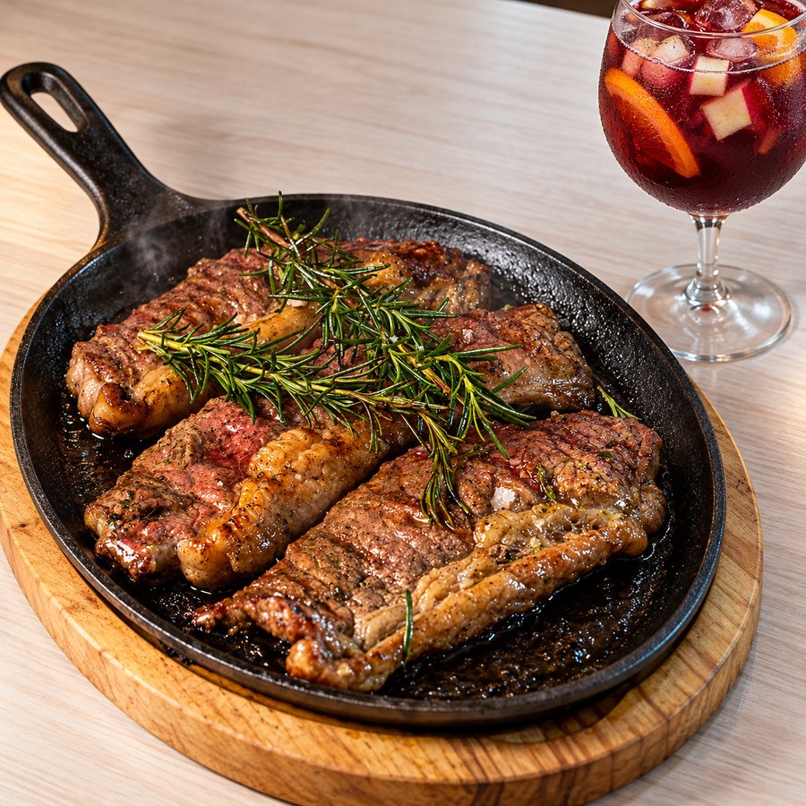 Cortes de carne asada con romero servidos en sartén de hierro en Fritamoro